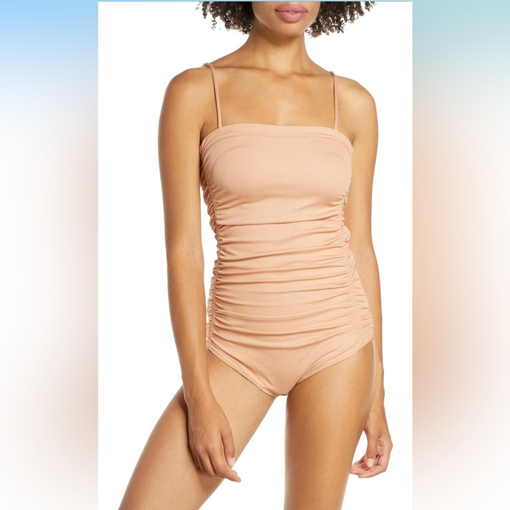 Free People Beige Ruched Rib Bodysuit - Size Small
